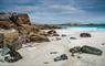 A serene beach featuring rocky area scattered along the shoreline with gentle waves lapping at the water's edge.